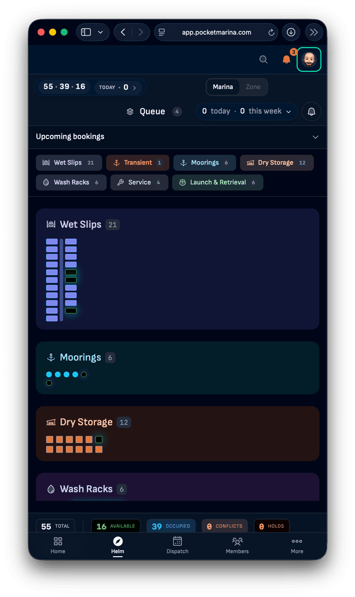 Pocket Marina mobile dashboard