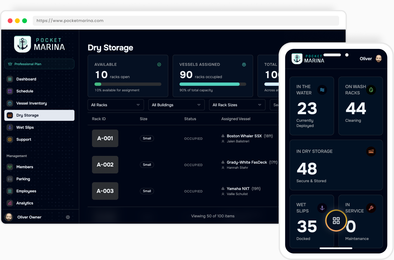 Pocket Marina desktop dashboard showing schedule, capacity, and vessel status overview