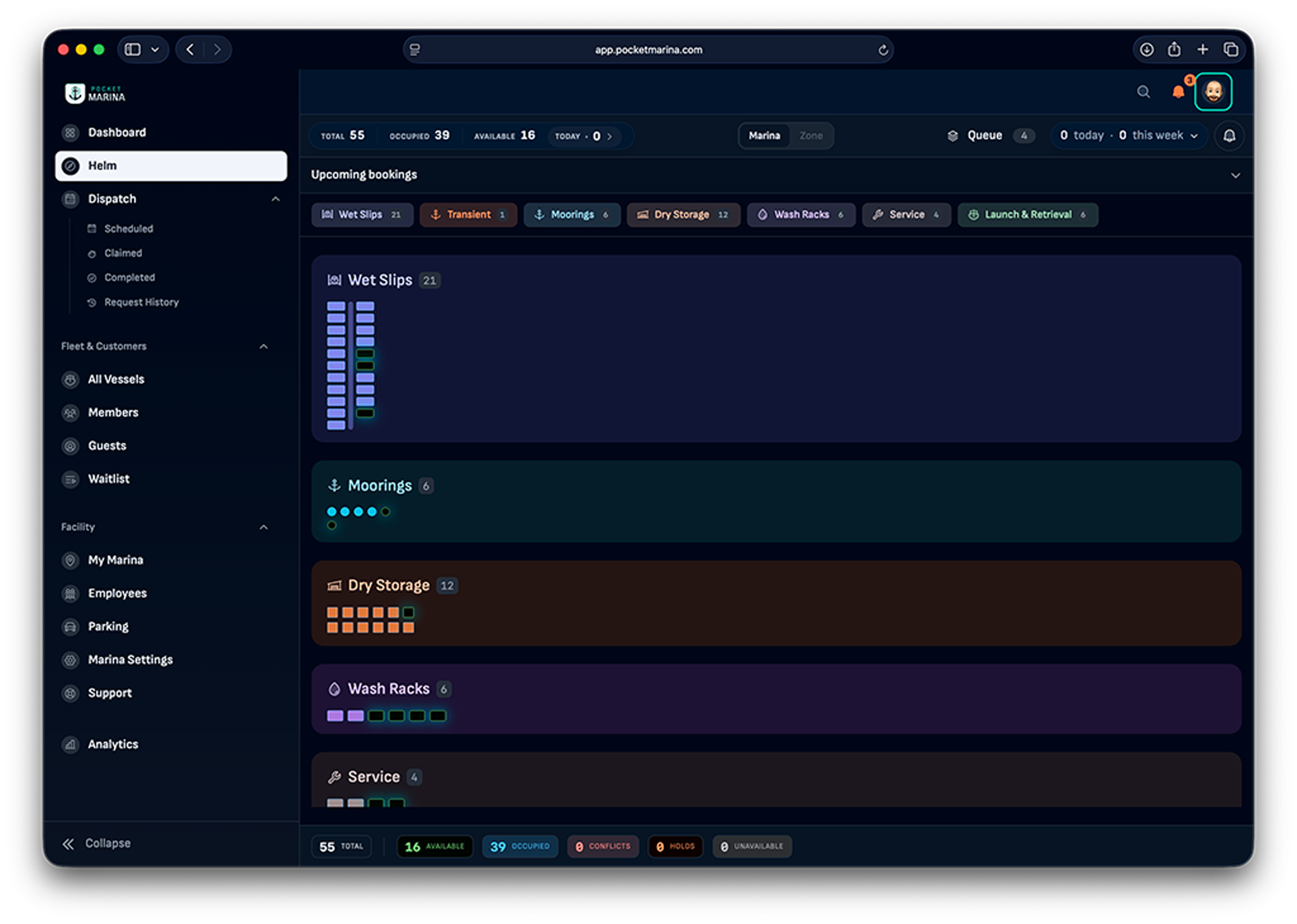Pocket Marina desktop dashboard showing schedule, capacity, and vessel status overview