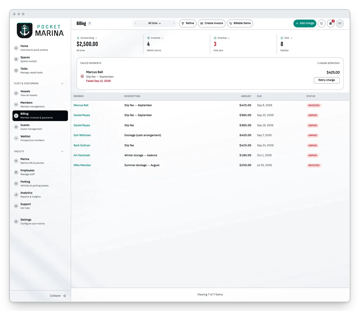 Billing on a desktop: one failed payment flagged at the top, above the invoices.