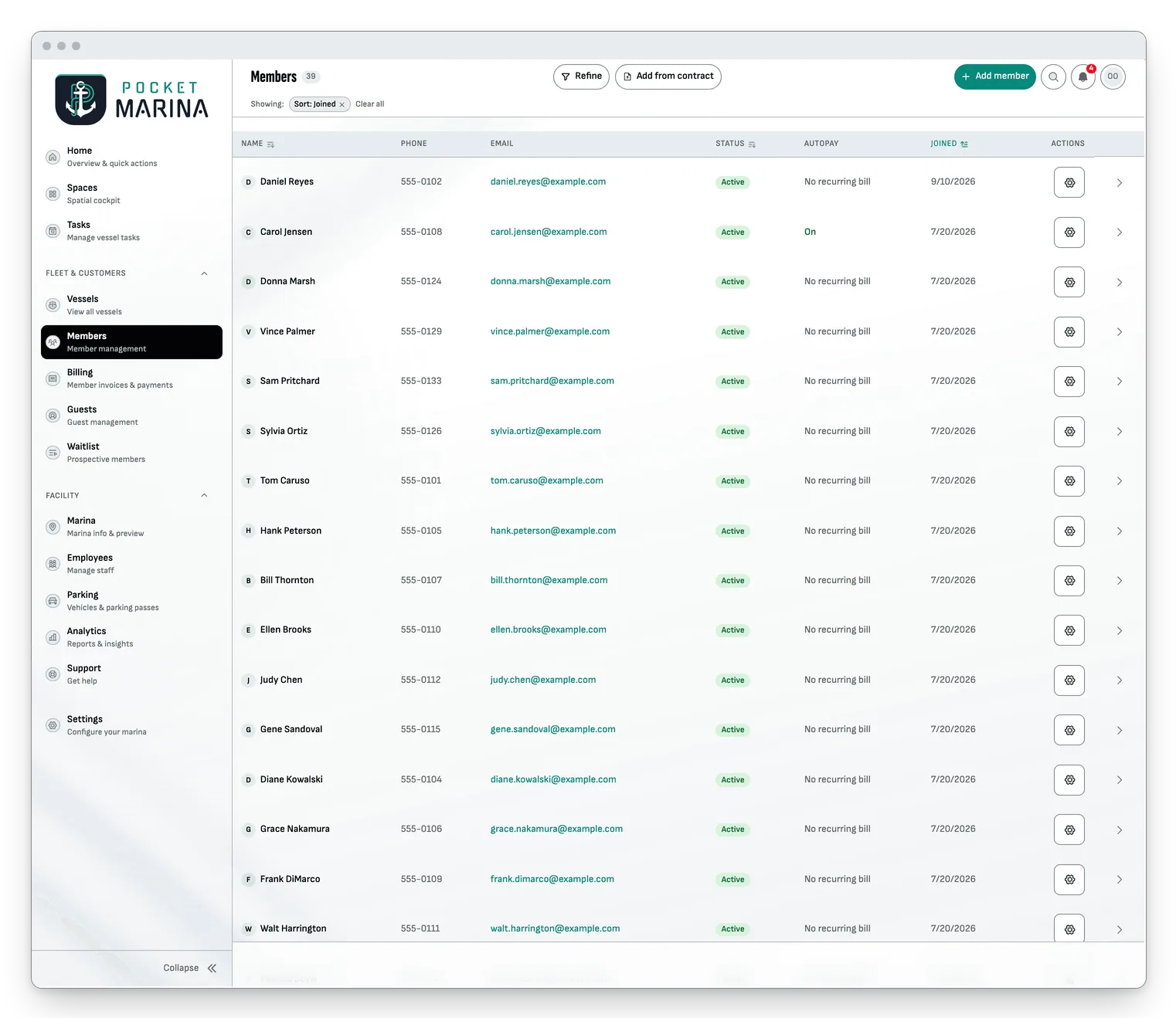 The Members list on a desktop: name, phone, e-mail, status, autopay and the date each member joined.