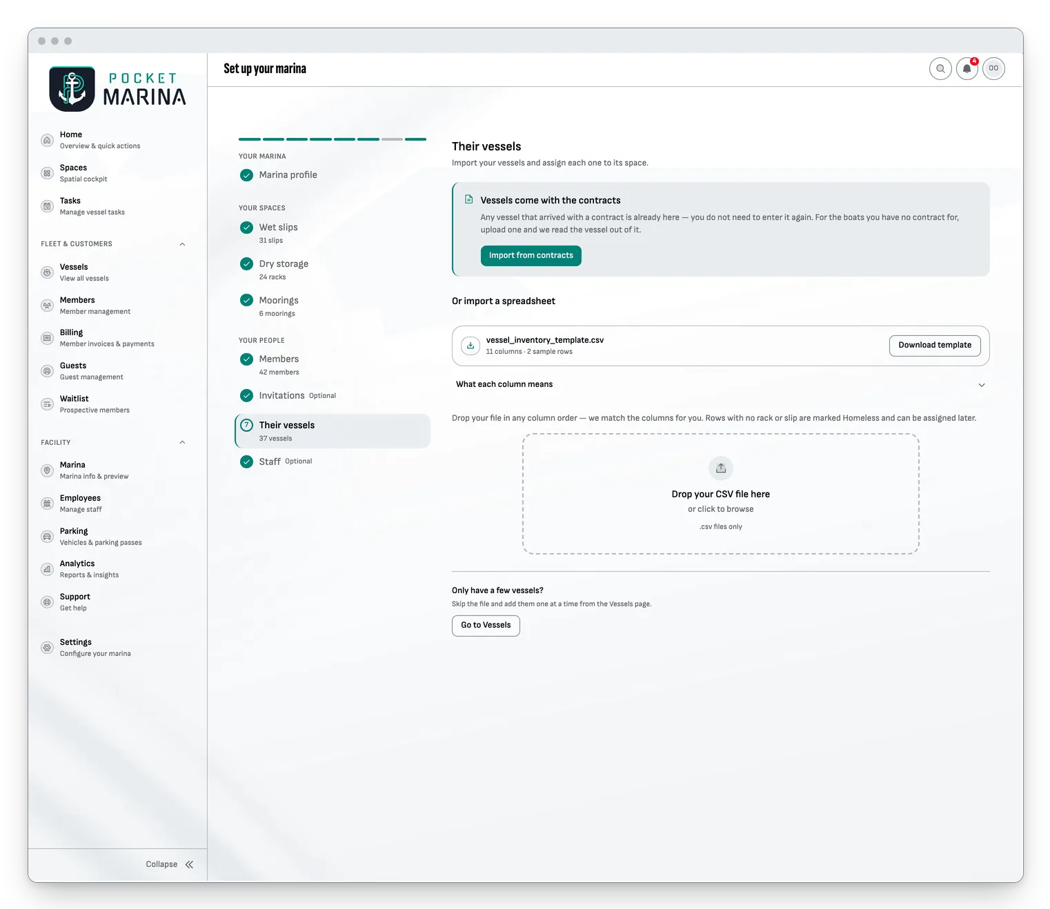 Set up your marina on a desktop: a checklist from marina profile to staff, with the vessels step offering an import from contracts or a spreadsheet.