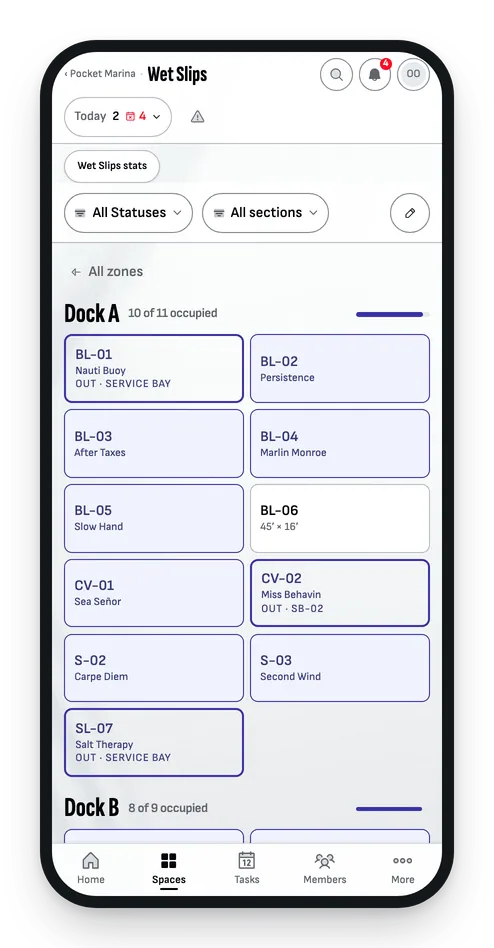 The wet slips zone opened on a phone: Dock A with each slip, its vessel and its status.